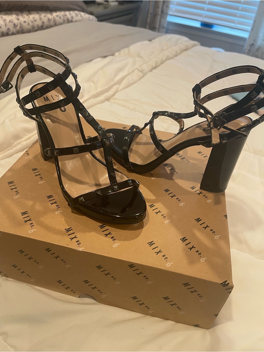 Mix No. 6 Black Patent Studded Block Sandals